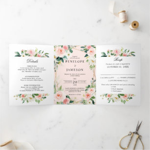 Blush Pink Floral Geometric Botanical Wedding Tri- Tri-Fold Programme
