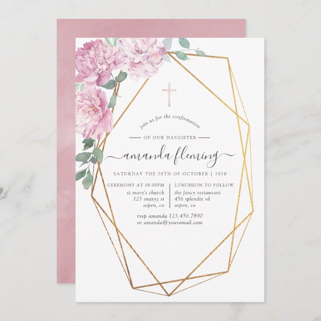 Blush Pink Floral Geometric Confirmation Invitation (Front/Back)