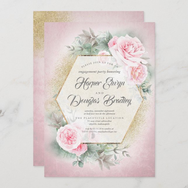 Blush Pink Floral Geometric Frame Engagement Party Invitation (Front/Back)