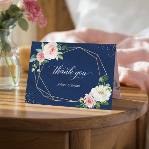 Blush Pink Floral Geometric Frame Navy Blue Thank You Card