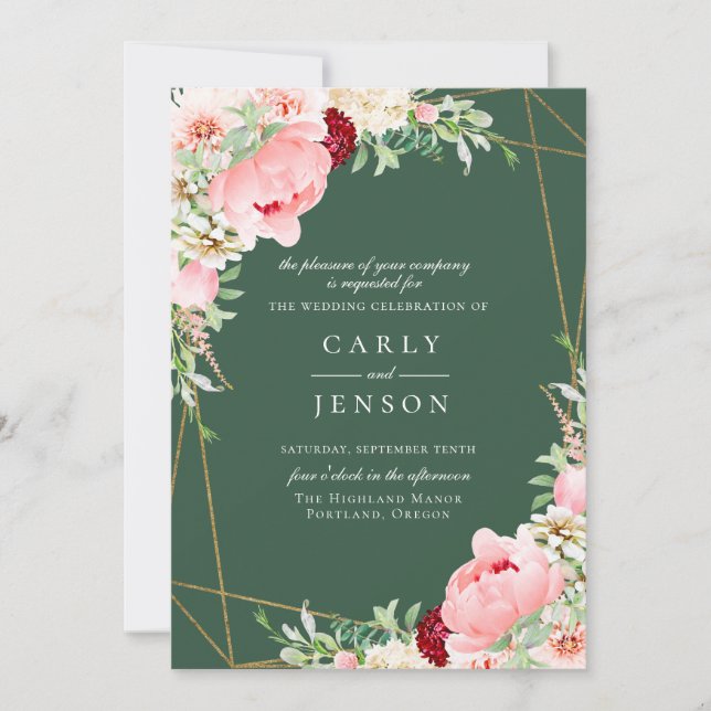 Blush Pink Floral Geometric Green Wedding Invitation (Front)