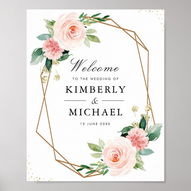 blush pink floral geometric wedding sign (Front)