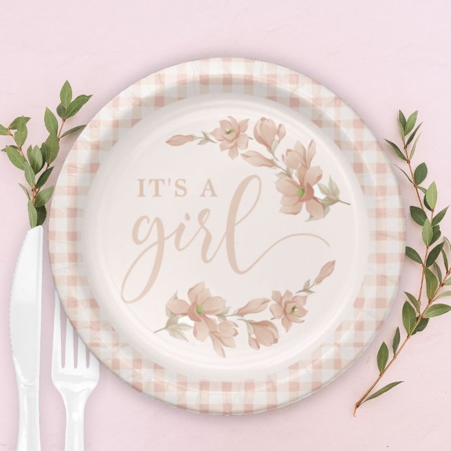 Blush Pink Floral Gingham Baby Girl Baby Shower Paper Plate (Creator Uploaded)