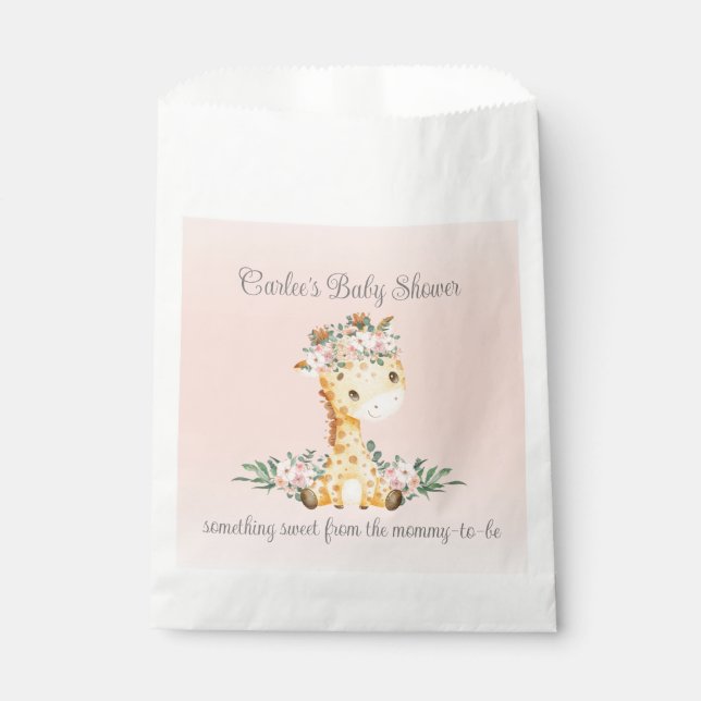 Blush Pink Floral Giraffe Baby Shower Thank You Favour Bags (Front)