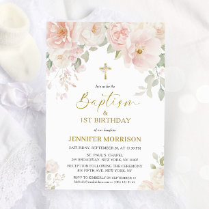 Blush Pink Floral Girl 1st Birthday Baptism Invitation