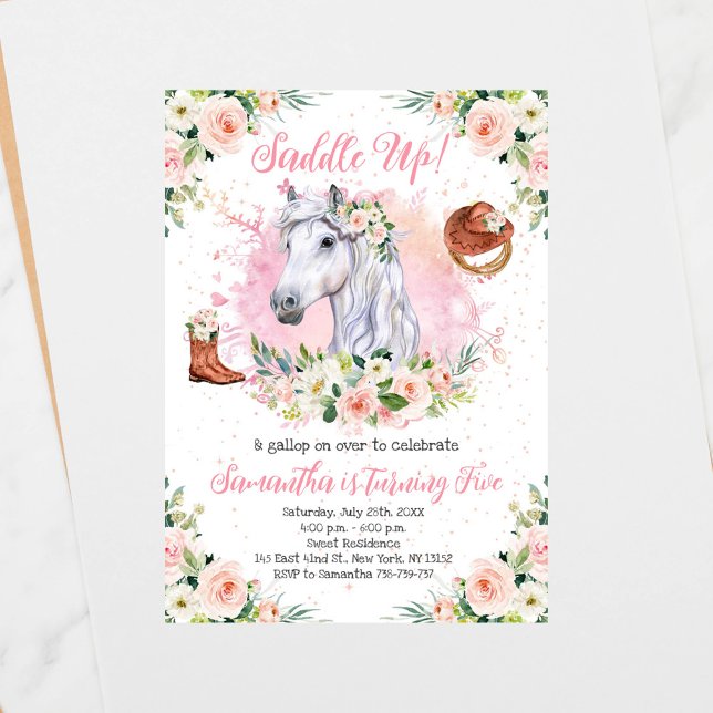 Blush Pink Floral Girl Horse Birthday Party Invitation (Creator Uploaded)