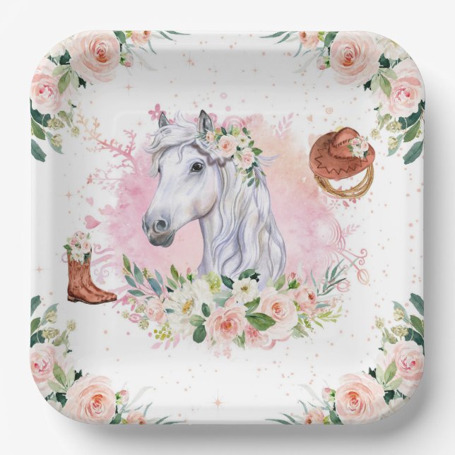 Blush Pink Floral Girl Horse Birthday Party Paper Plate (Front)