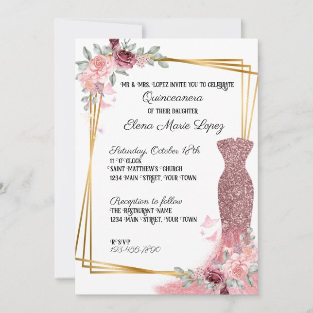 Blush Pink Floral Girly Quinceanera  Invitation (Front)