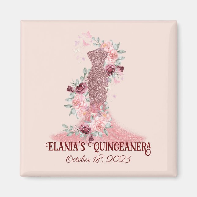 Blush Pink Floral Girly Quinceanera Party Favour Magnet (Front)