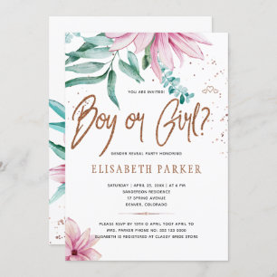 Blush pink floral glitter baby gender reveal party invitation