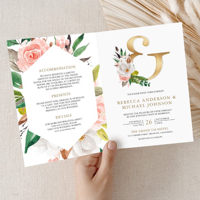 Blush Pink Floral Gold Ampersand QR Code Wedding Invitation (Creator Uploaded)