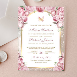 Blush Pink Floral Gold Arch Butterfly Wedding Acrylic Invitations