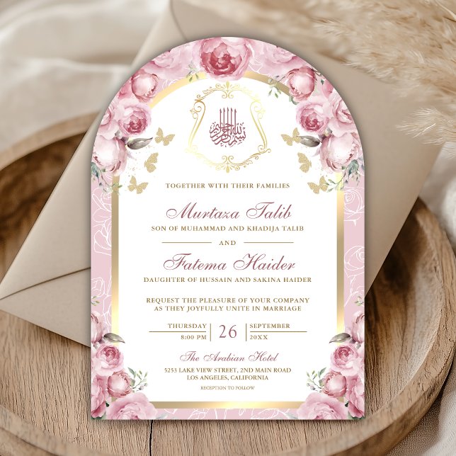 Blush Pink Floral Gold Arch Muslim Wedding Invitation (Creator Uploaded)