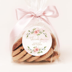 Blush pink floral gold baby shower thank you classic round sticker