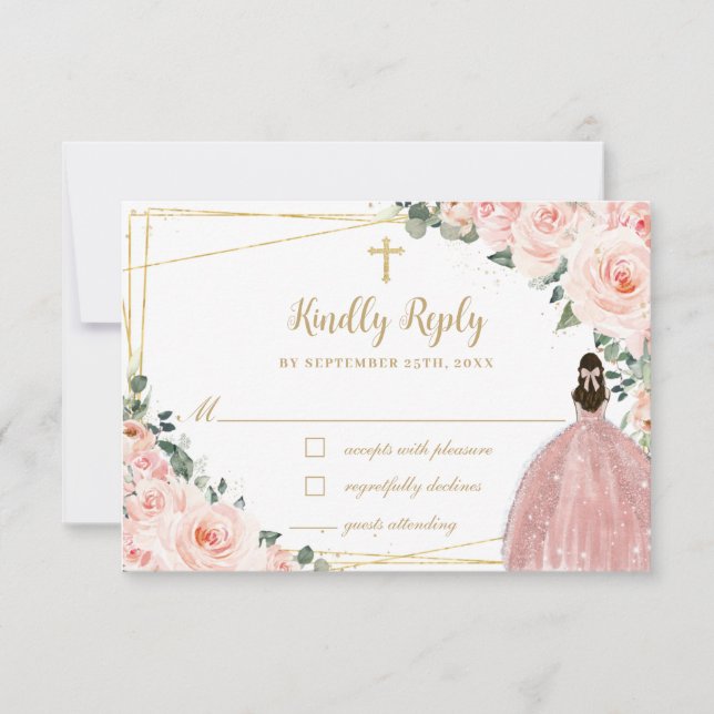 Blush Pink Floral Gold Baptism Christening Reply RSVP Card (Front)