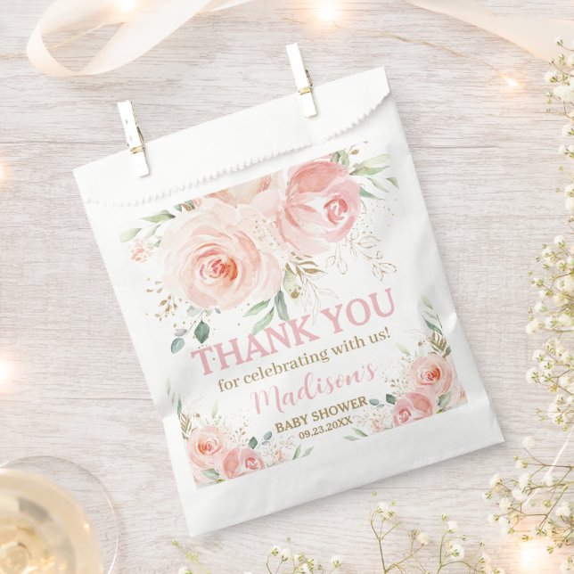Blush Pink Floral Gold Bridal Baby Shower Birthday Favour Bags (Clipped)