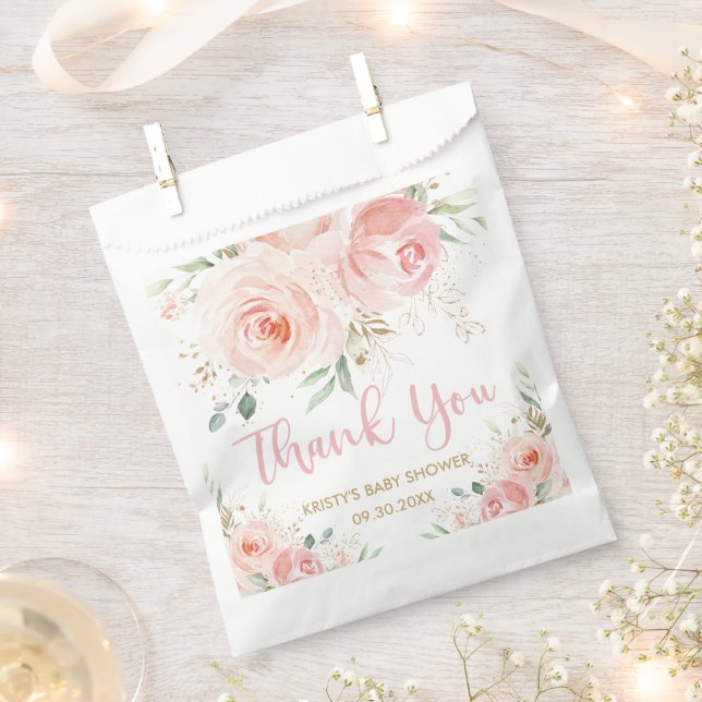 Blush Pink Floral Gold Bridal Baby Shower Birthday Favour Bags (Clipped)