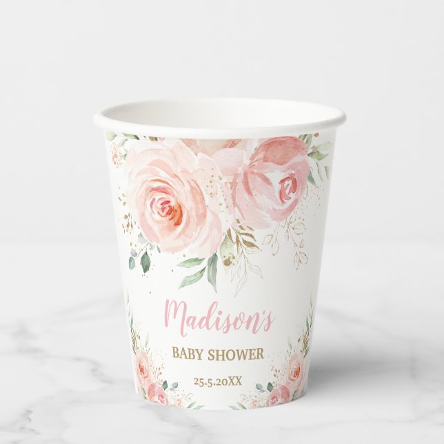 Blush Pink Floral Gold Bridal Baby Shower Birthday Paper Cups (Front)