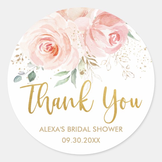 Blush Pink Floral Gold Bridal Baby Shower Favour Classic Round Sticker (Front)