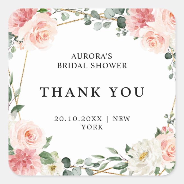 Blush Pink Floral Gold  Bridal Shower Thank You Square Sticker (Front)