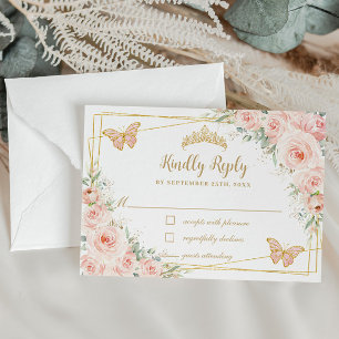 Blush Pink Floral Gold Butterflies Quinceañera  RSVP Card