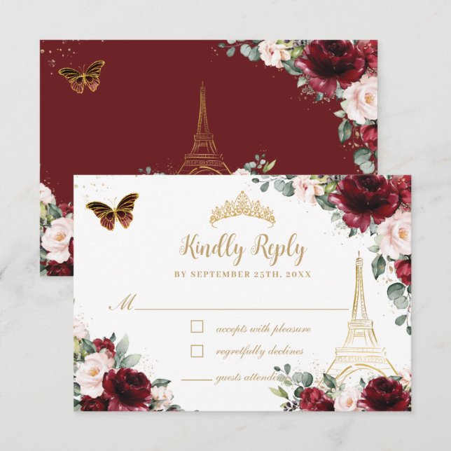Blush Pink Floral Gold Butterfly Paris Quinceañera RSVP Card (Front/Back)