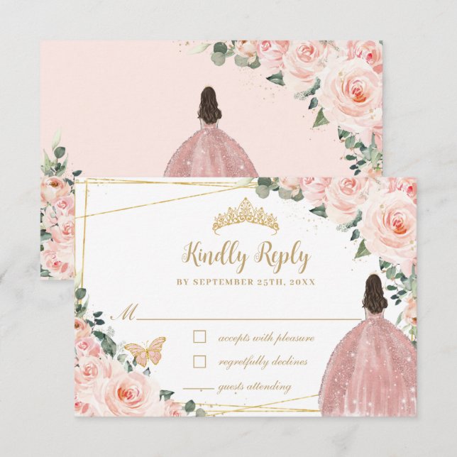Blush Pink Floral Gold Butterfly Quinceañera Dress RSVP Card (Front/Back)