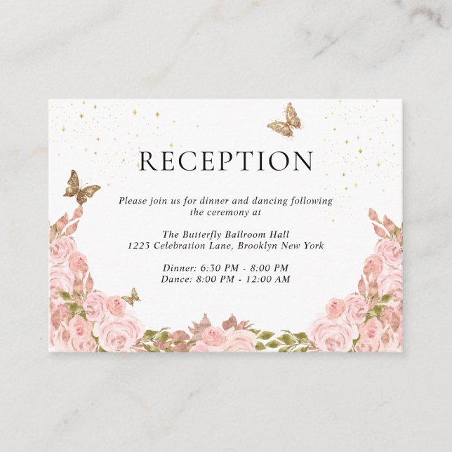 Blush Pink Floral Gold Butterfly Quinceanera Enclosure Card (Front)