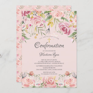 Blush Pink Floral & Gold Cross Confirmation Invitation
