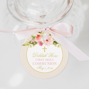 Blush Pink Floral Gold Cross First Communion Girl  Favour Tags