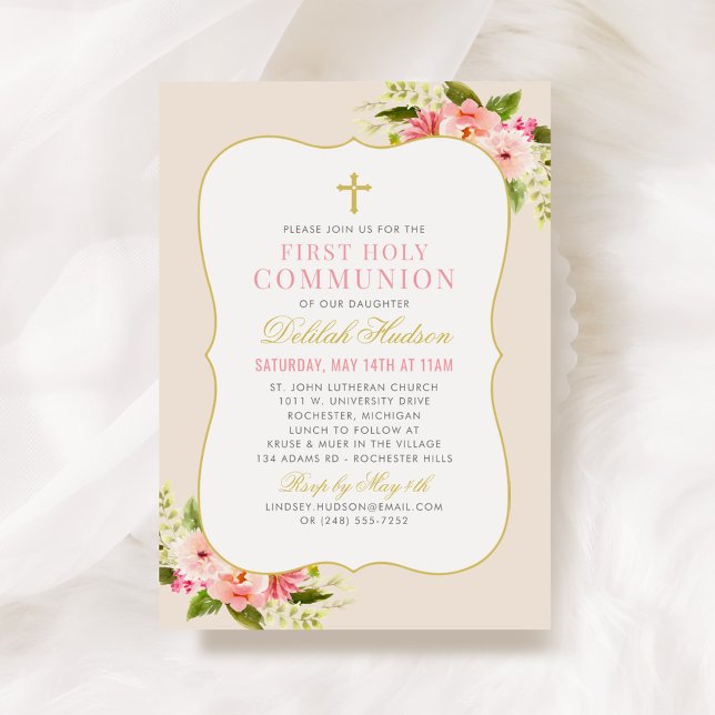 Blush Pink Floral Gold Cross First Communion Girl Invitation (Creator Uploaded)