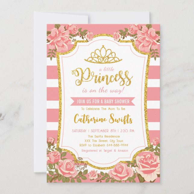 Blush Pink Floral Gold Crown Princess Baby Shower Invitation (Front)
