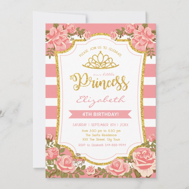 Blush Pink Floral Gold Crown Princess Birthday Invitation (Front)
