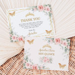 Blush Pink Floral Gold Crown Quinceañera Butterfly Thank You Card<br><div class="desc">This chic Quinceañera thank you card features delicate watercolor blush pink floral, soft greenery foliage and blush pink butterflies. Personalise it with your details easily and quickly, simply press the customise it button to further re-arrange and format the style and placement of the text. Also great for Sweet 16, 18th...</div>