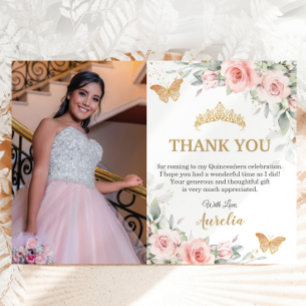 Blush Pink Floral Gold Crown Quinceañera Photo Thank You Card