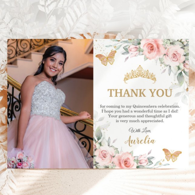 Blush Pink Floral Gold Crown Quinceañera Photo  Thank You Card (Delicate Blush pink floral butterflies Quinceañera sweet 16 birthday photo thank you cards printed)