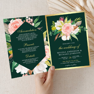 Blush Pink Floral Gold Emerald QR Code Wedding Invitation