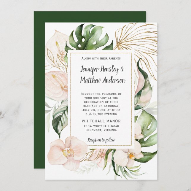 Blush Pink Floral Gold Frame Tropical Wedding Invitation (Front/Back)