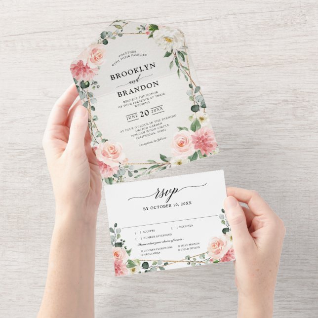 Blush Pink Floral Gold Geometric Botanical Wedding All In One Invitation (Tearaway)