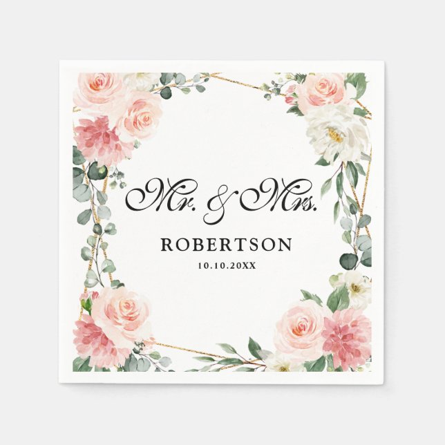 Blush Pink Floral Gold Geometric Botanical Wedding Napkin (Front)