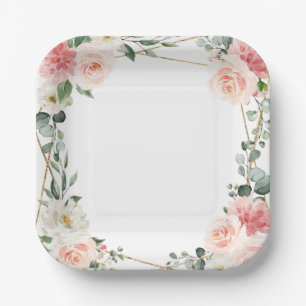 Blush Pink Floral Gold Geometric Botanical Wedding Paper Plate