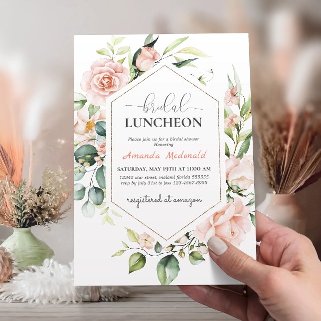 Blush Pink Floral Gold Geometric Bridal LUNCHEON Invitation (Creator Uploaded)