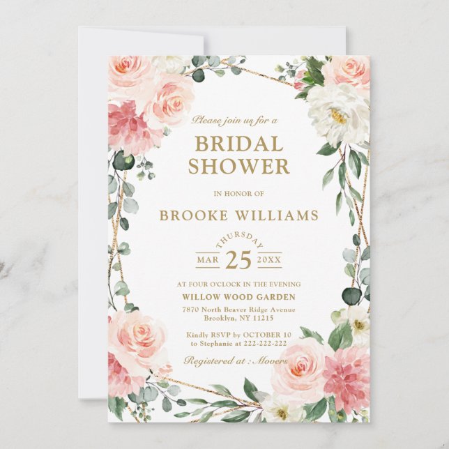 Blush Pink Floral Gold Geometric Bridal Shower Inv Invitation (Front)