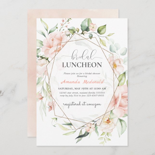 Blush Pink Floral Gold Geometric Bridal Shower Invitation (Front/Back)