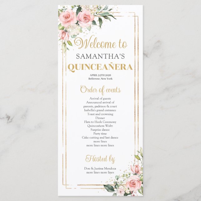 Blush pink floral Gold geometric frame Quinceanera Programme (Front)