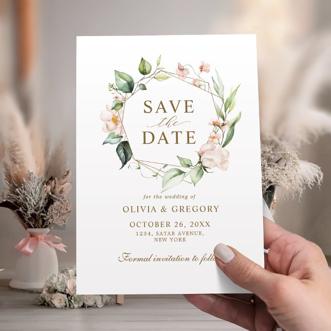 Blush Pink Floral Gold Geometric Frame Save The Date (Creator Uploaded)