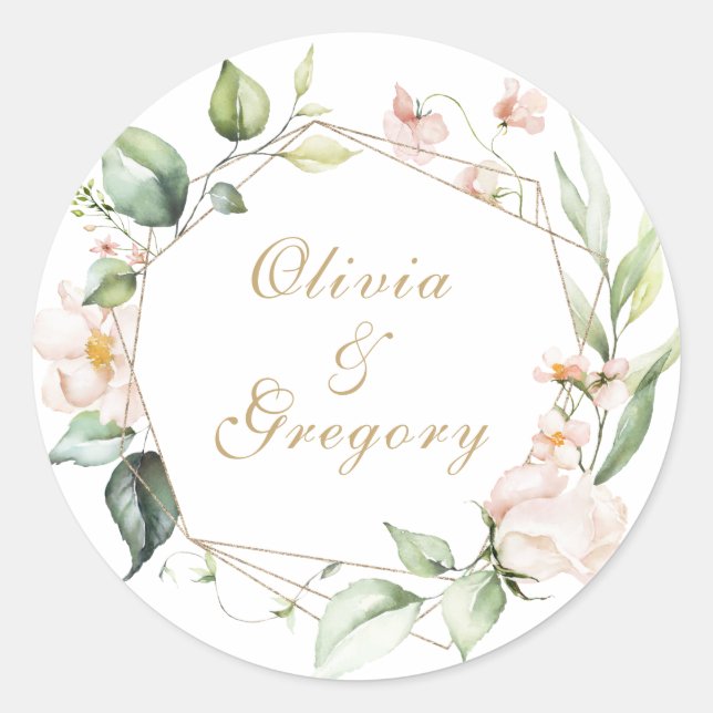 Blush Pink Floral Gold Geometric Frame Wedding Classic Round Sticker (Front)