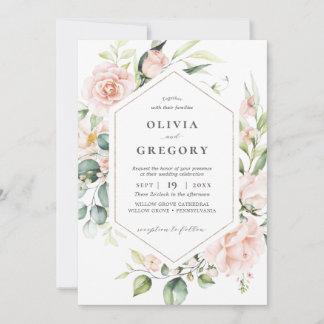 Blush Pink Floral Gold Geometric Frame Wedding Invitation