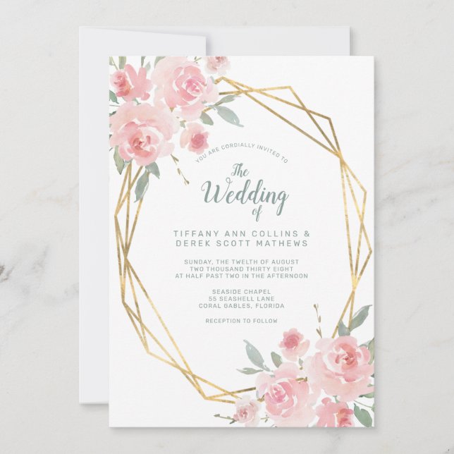 Blush Pink Floral Gold Geometric Frame Wedding Invitation (Front)