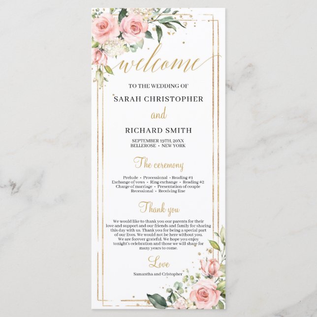 Blush pink floral Gold geometric frame wedding Programme (Front)